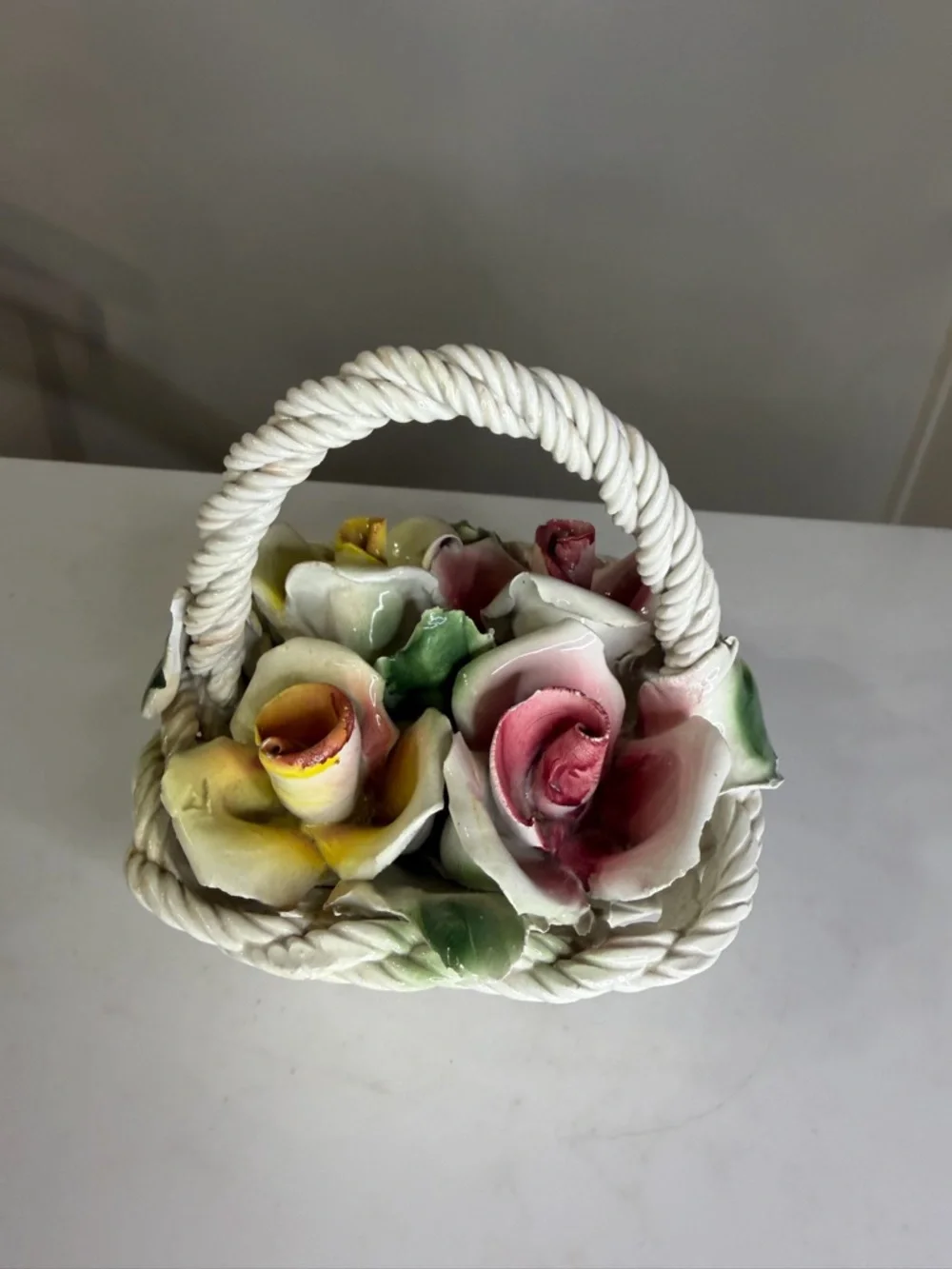 Capodimonte Italian Porcelain Floral Basket with Pink, Yellow and Green Roses